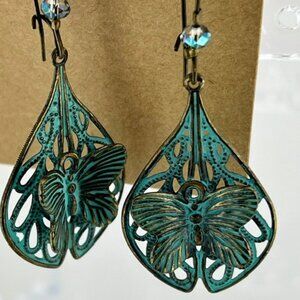 Patinaed-Metal Butterfly Filigree Drop Earrings